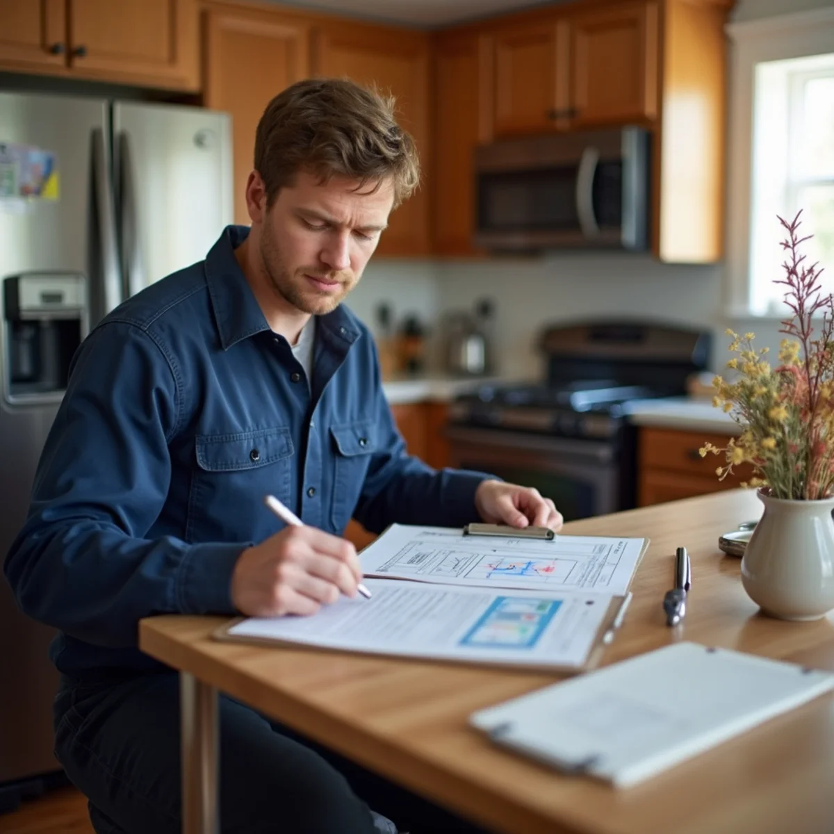 Technician assembling a claim file of moisture logs and thermal images on a clipboard at a kitchen table