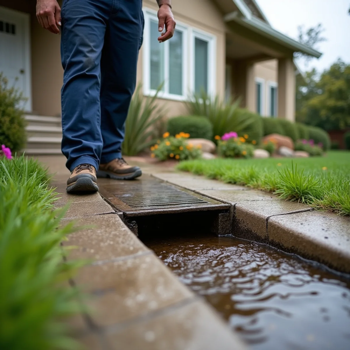 Silted terrace drain on a landscaped slope above a 1960s planned-community home in La Mirada