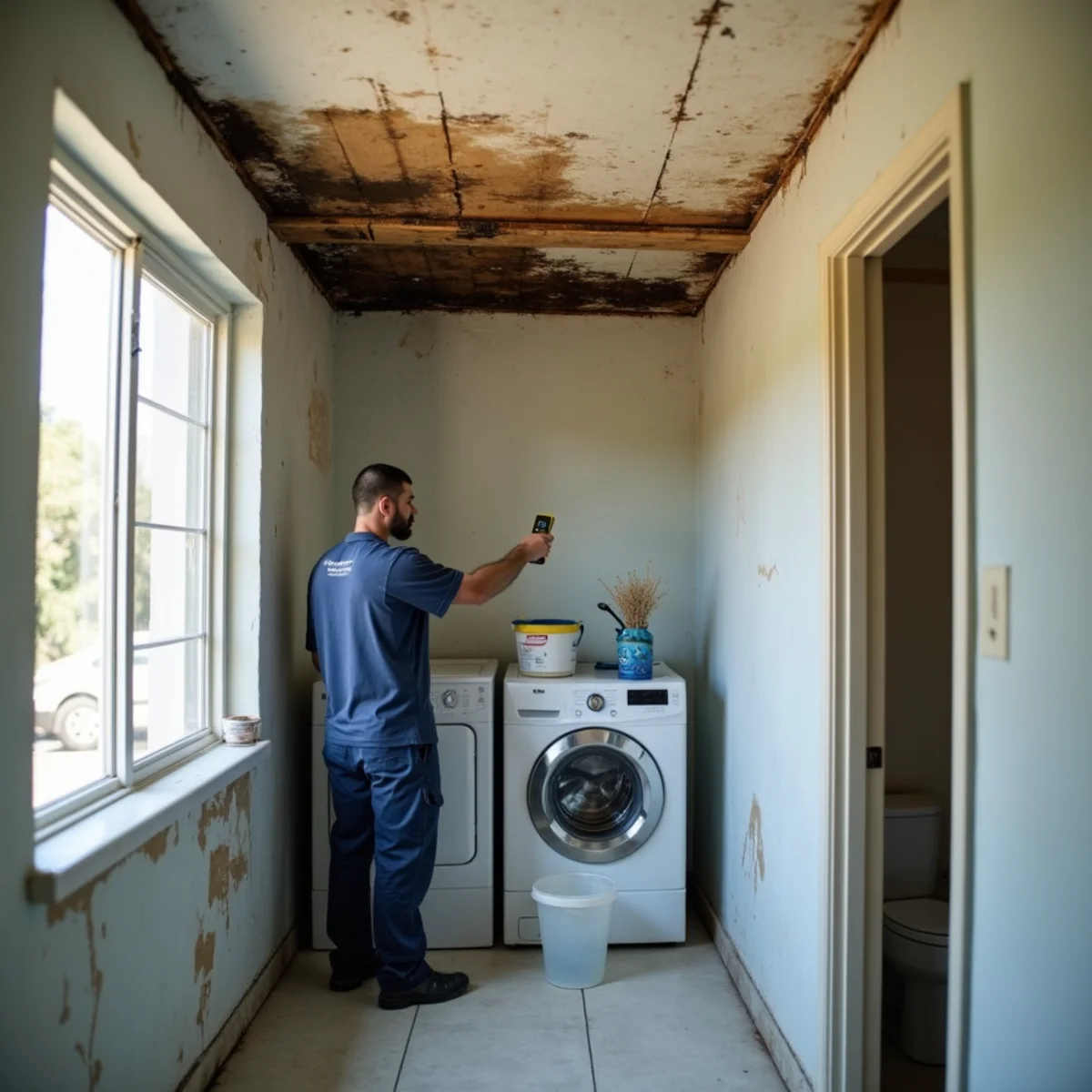 Stained and sagging ceiling directly beneath an upstairs laundry