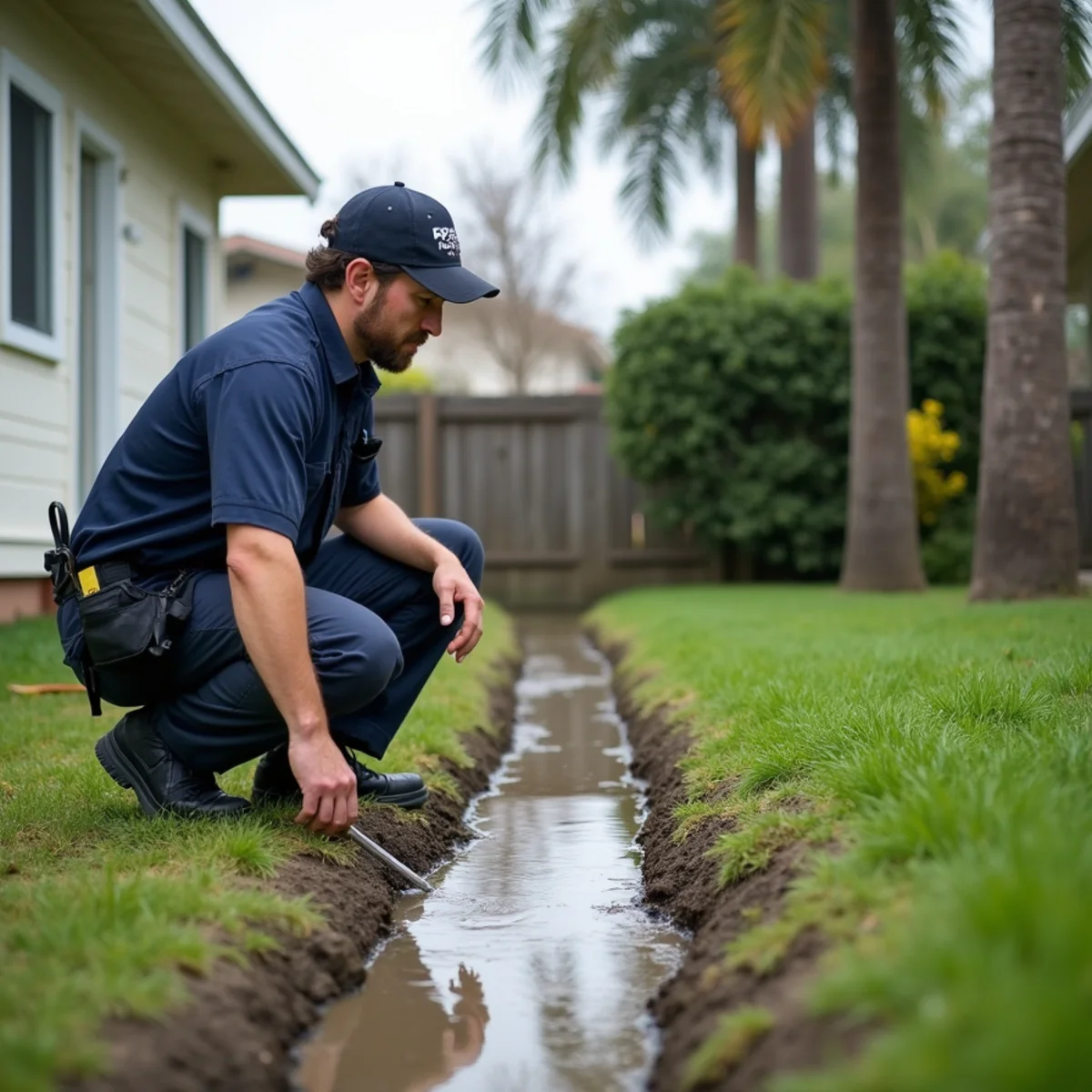 Water damage restoration technician assessing storm damage at a La Mirada, CA home