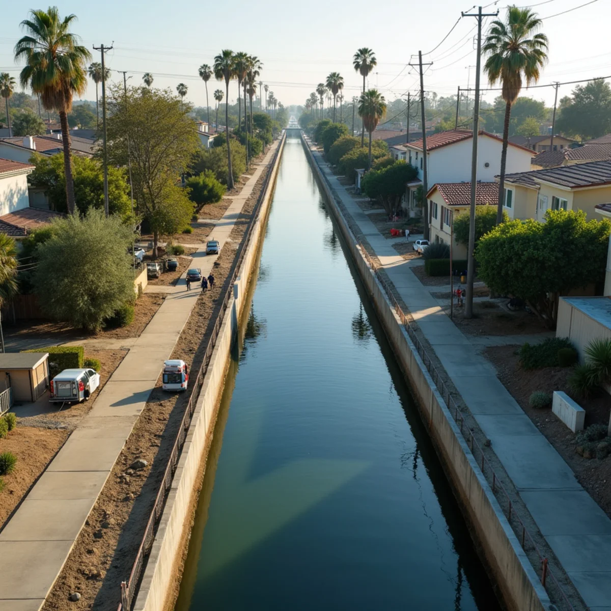 Concrete flood control channel running past suburban housing in southeast Los Angeles County, CA