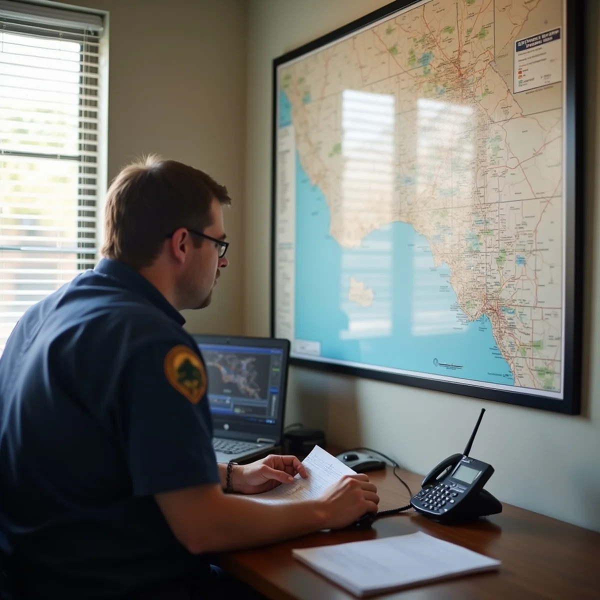 Dispatcher at a desk marking an address on a wall map of southeast Los Angeles County