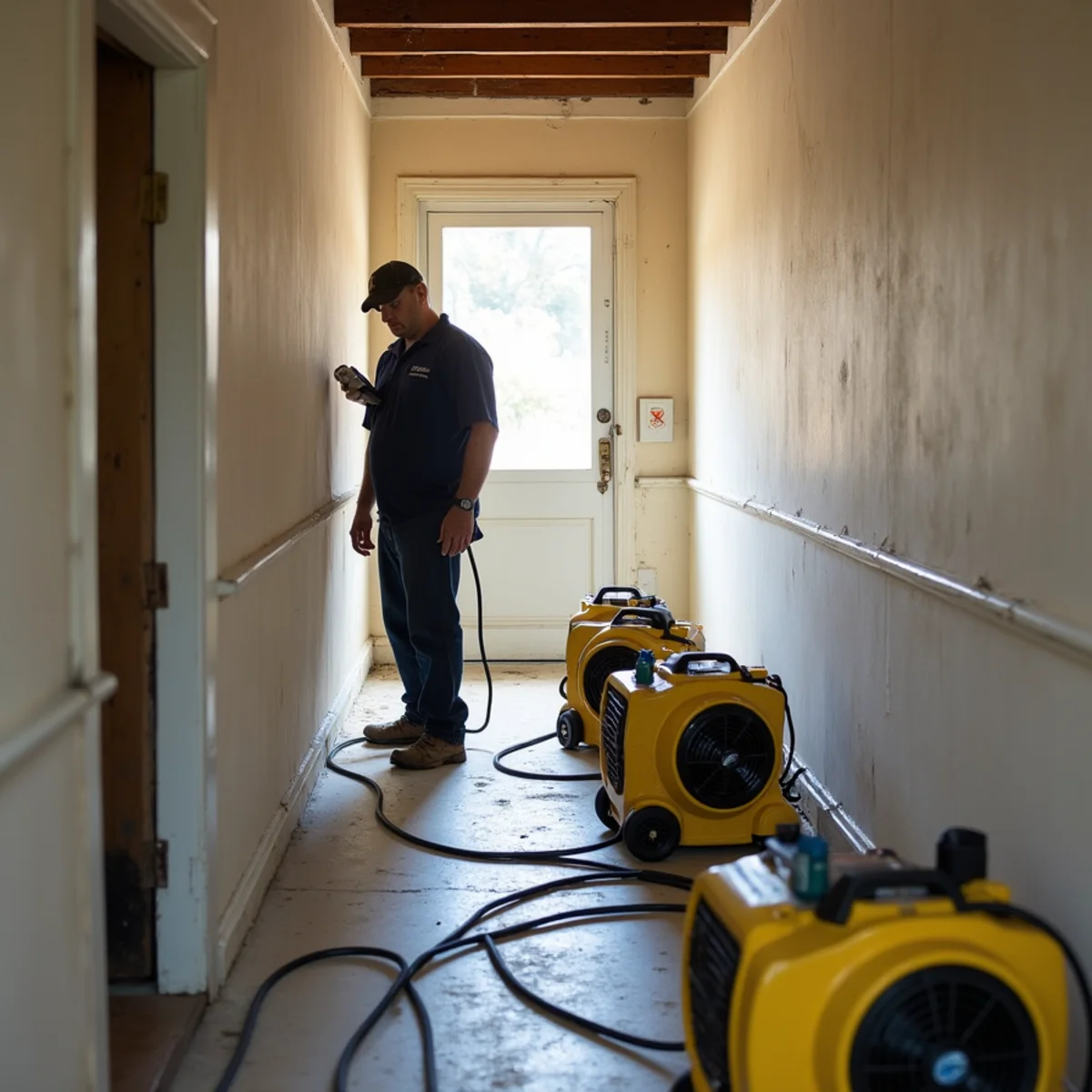 Low-velocity air movers positioned along a lath-and-plaster hallway in a 1920s Montebello home