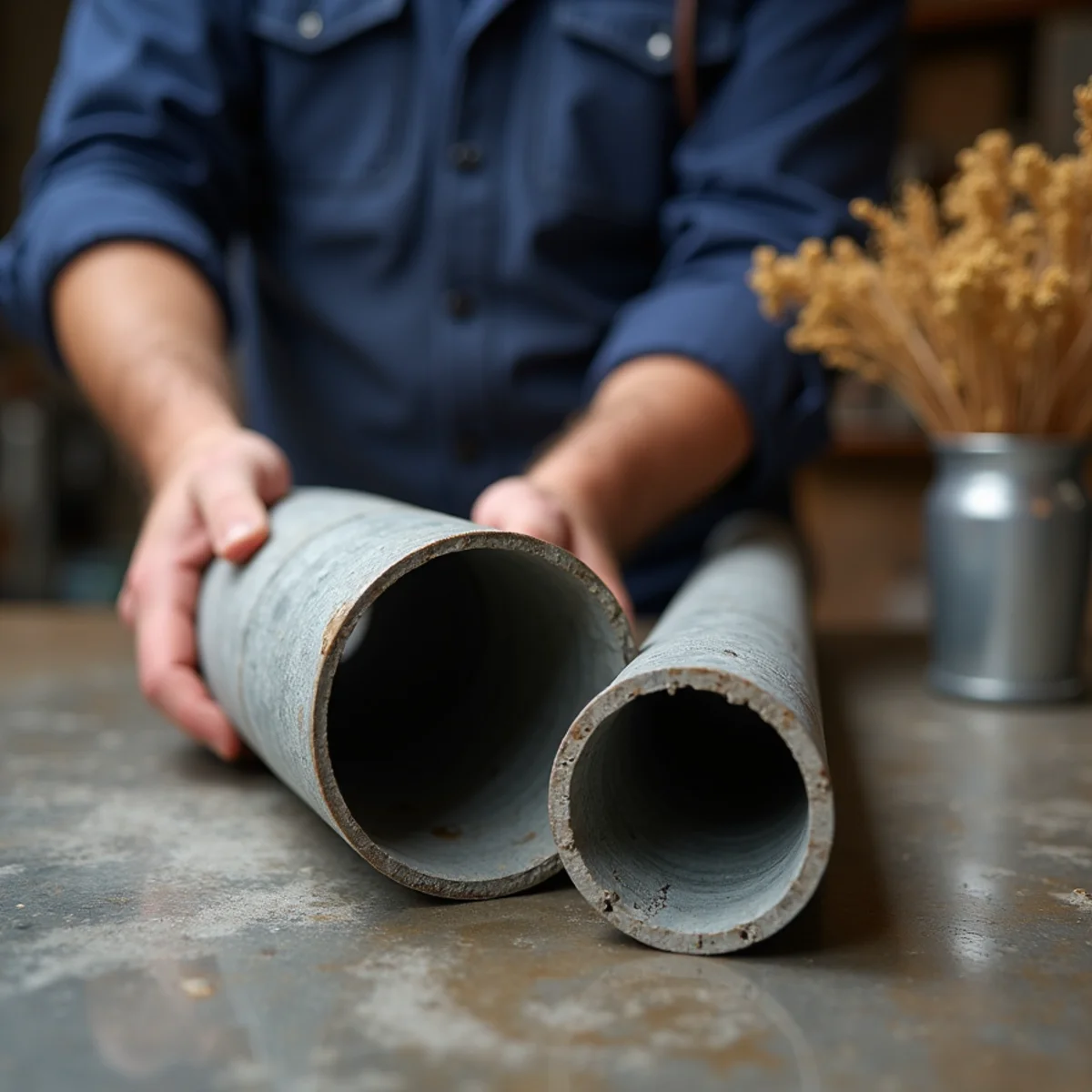Heavily scaled galvanized supply pipe cut open to show the narrowed bore