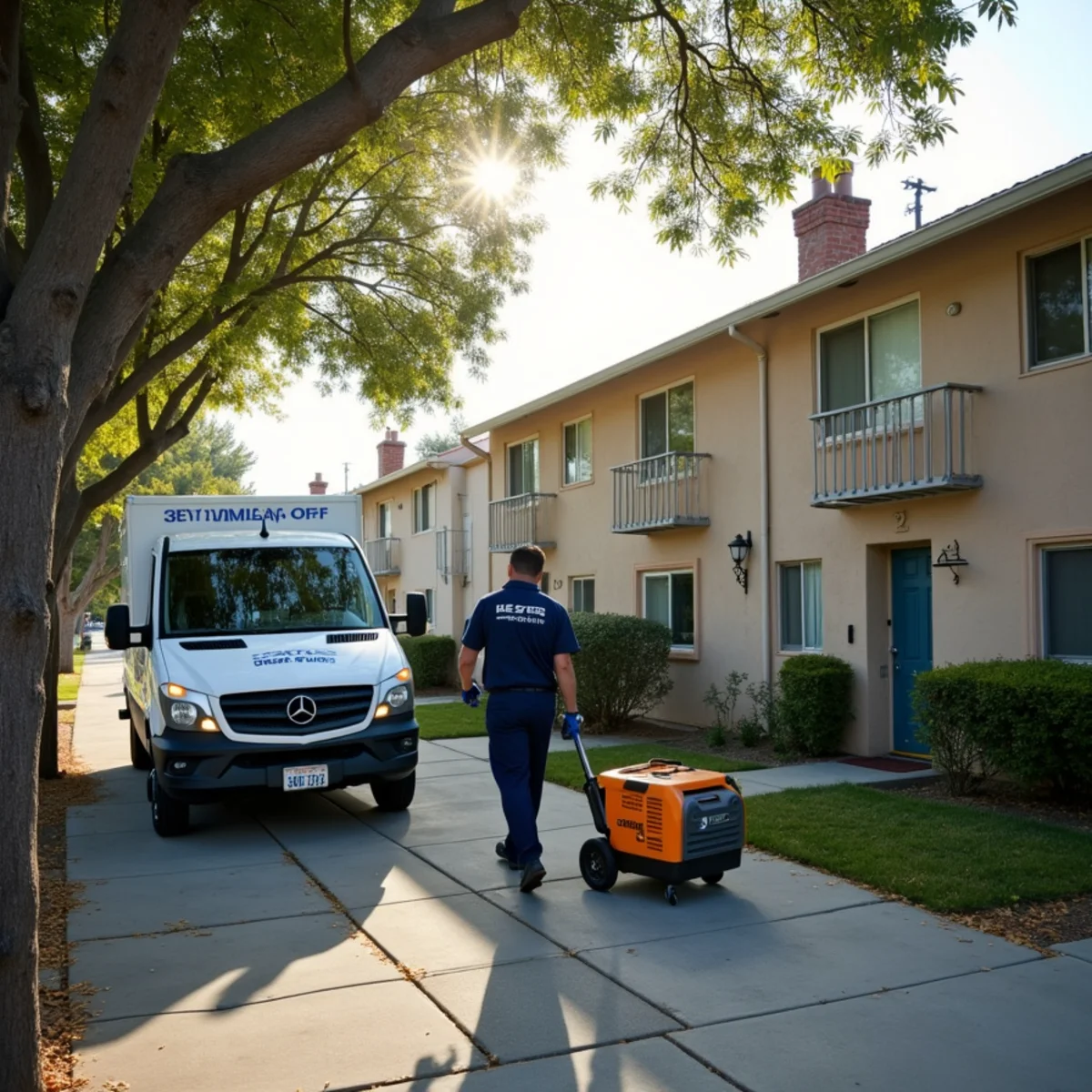 Restoration van parked outside a pair of 1960s rental duplexes in Norwalk