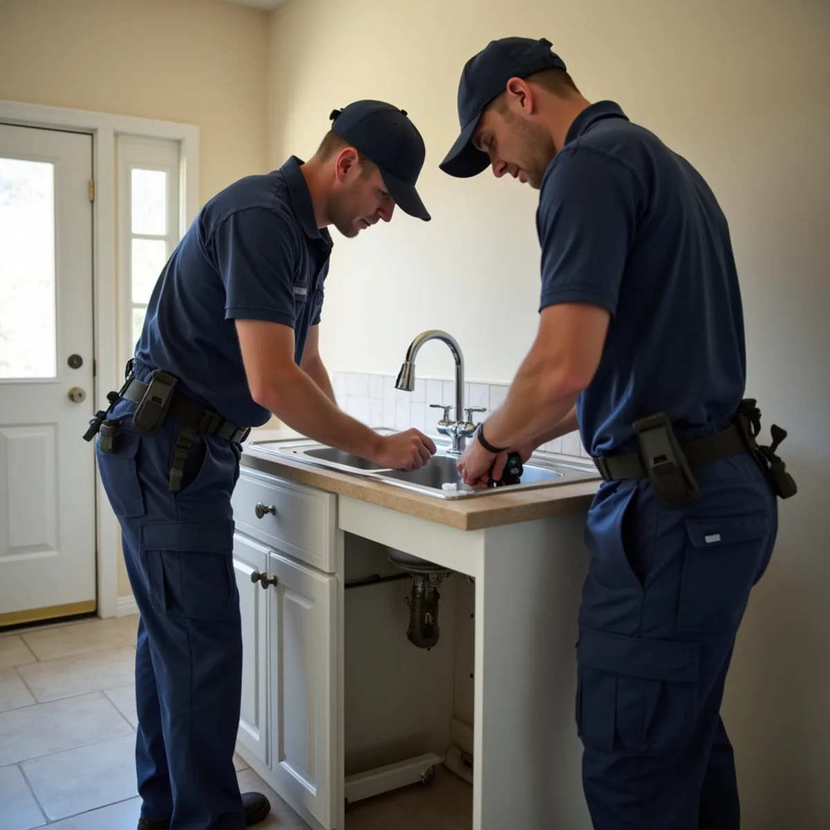 Property manager and technician inspecting an empty rental unit at turnover