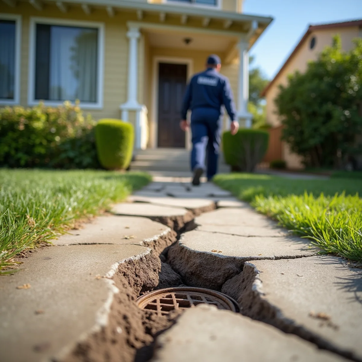 Cracked concrete walkway beside a 1940s home showing seasonal soil movement