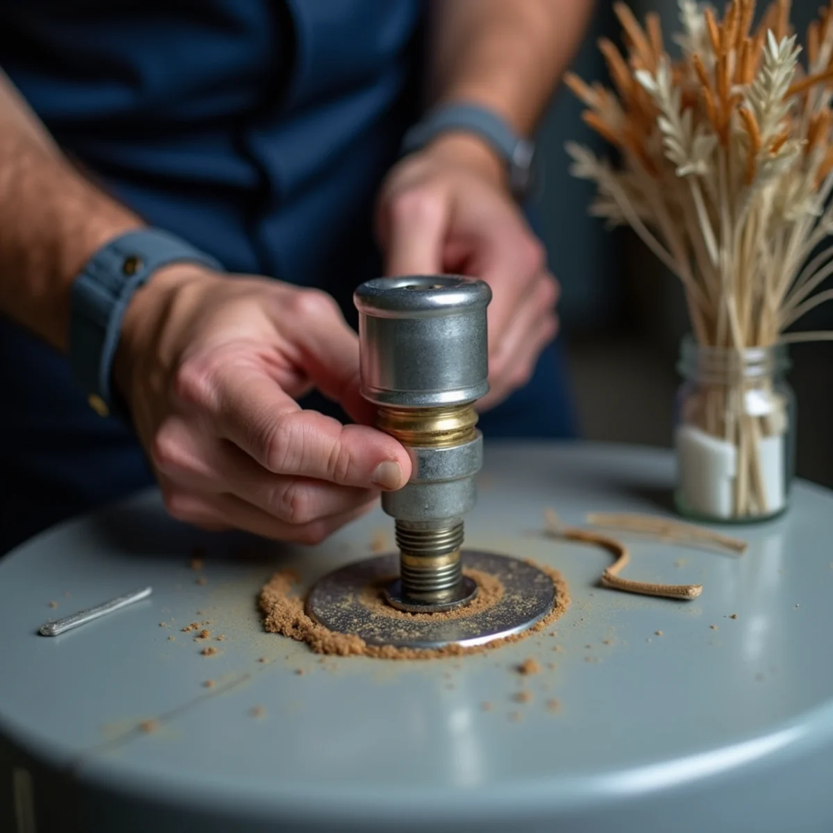 Fridge magnet held against an exposed supply pipe at a water heater connection to identify galvanized steel