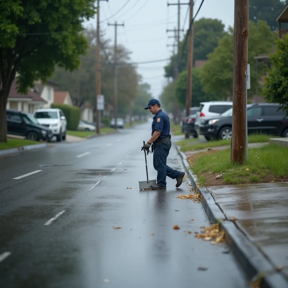 Low-lying residential street near the San Gabriel River corridor with water pooling at the kerb line during rain