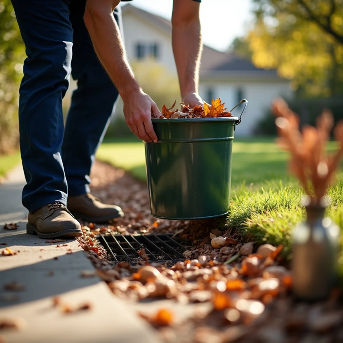 Homeowner clearing leaf litter from a yard area drain before the rainy season