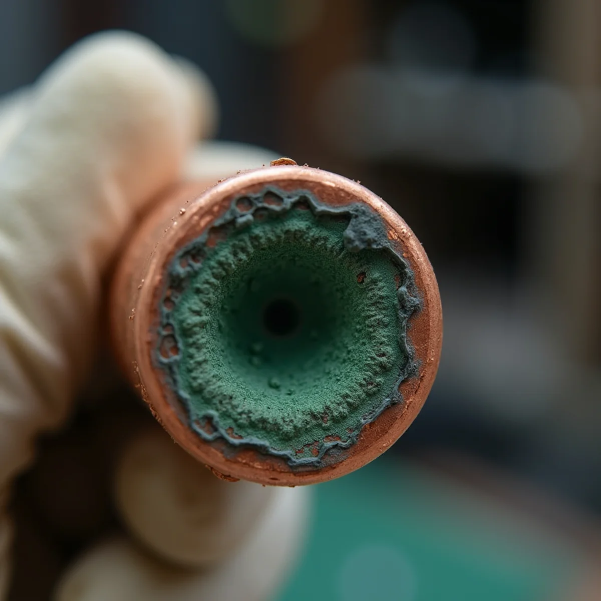 Short cut section of copper supply pipe held in a gloved hand showing a green-crusted pinhole crater