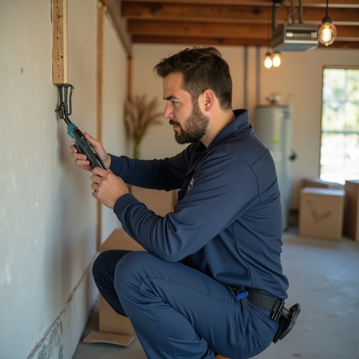 Technician taking a moisture reading on the lower drywall of the wall a garage shares with the living space