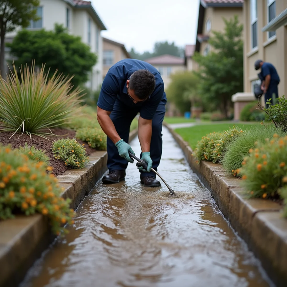 Runoff crossing a property boundary from uphill ground onto a landscaped pad