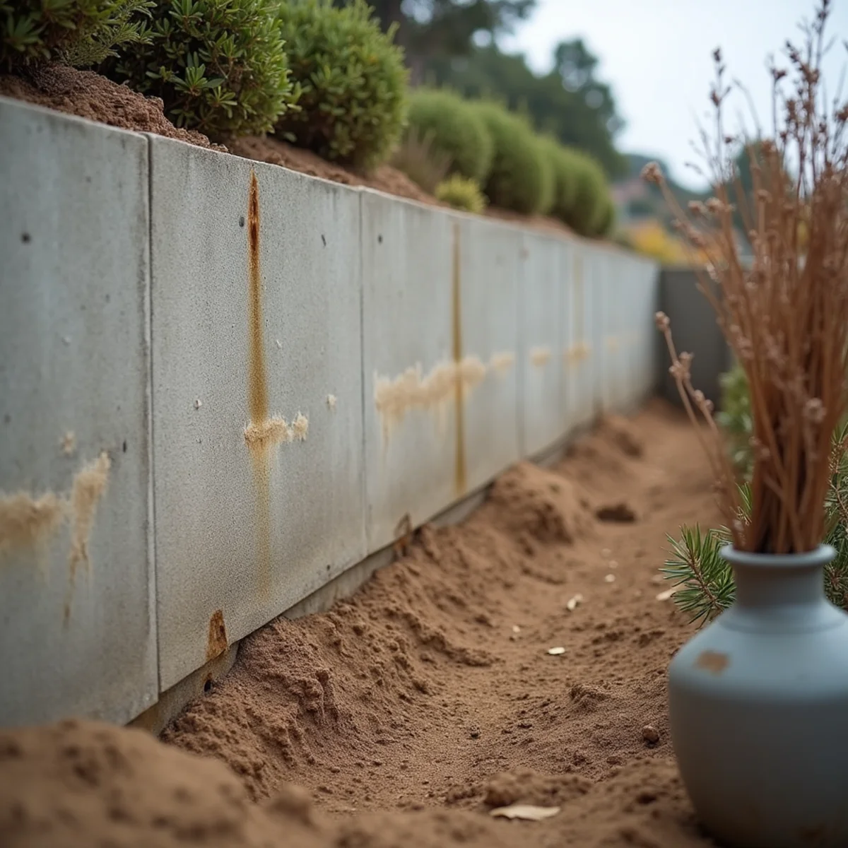 Tall cut-and-fill retaining wall below a hillside view home showing staining and a damp line at the base