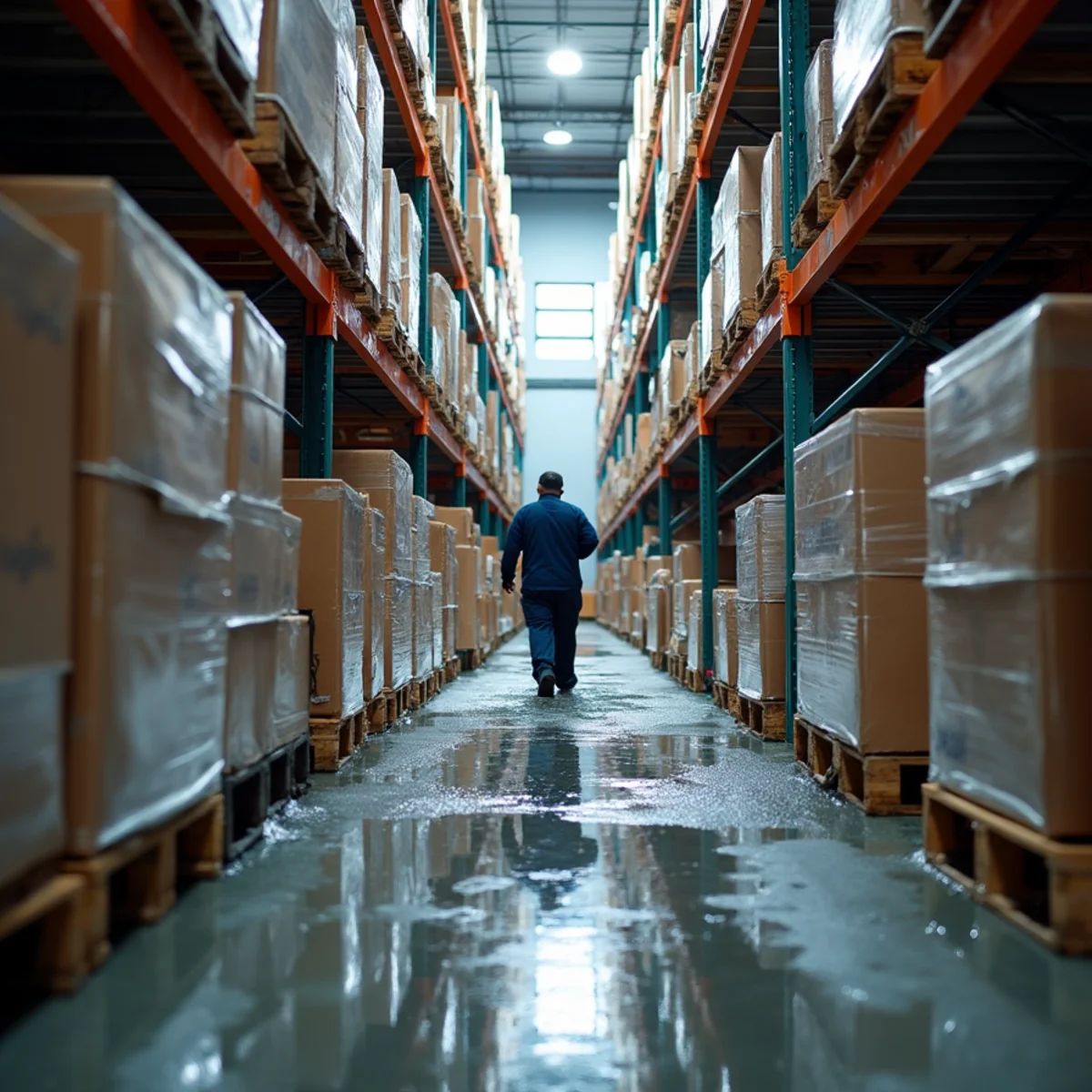 Water spreading across a warehouse floor between pallet racking after a sprinkler line failure