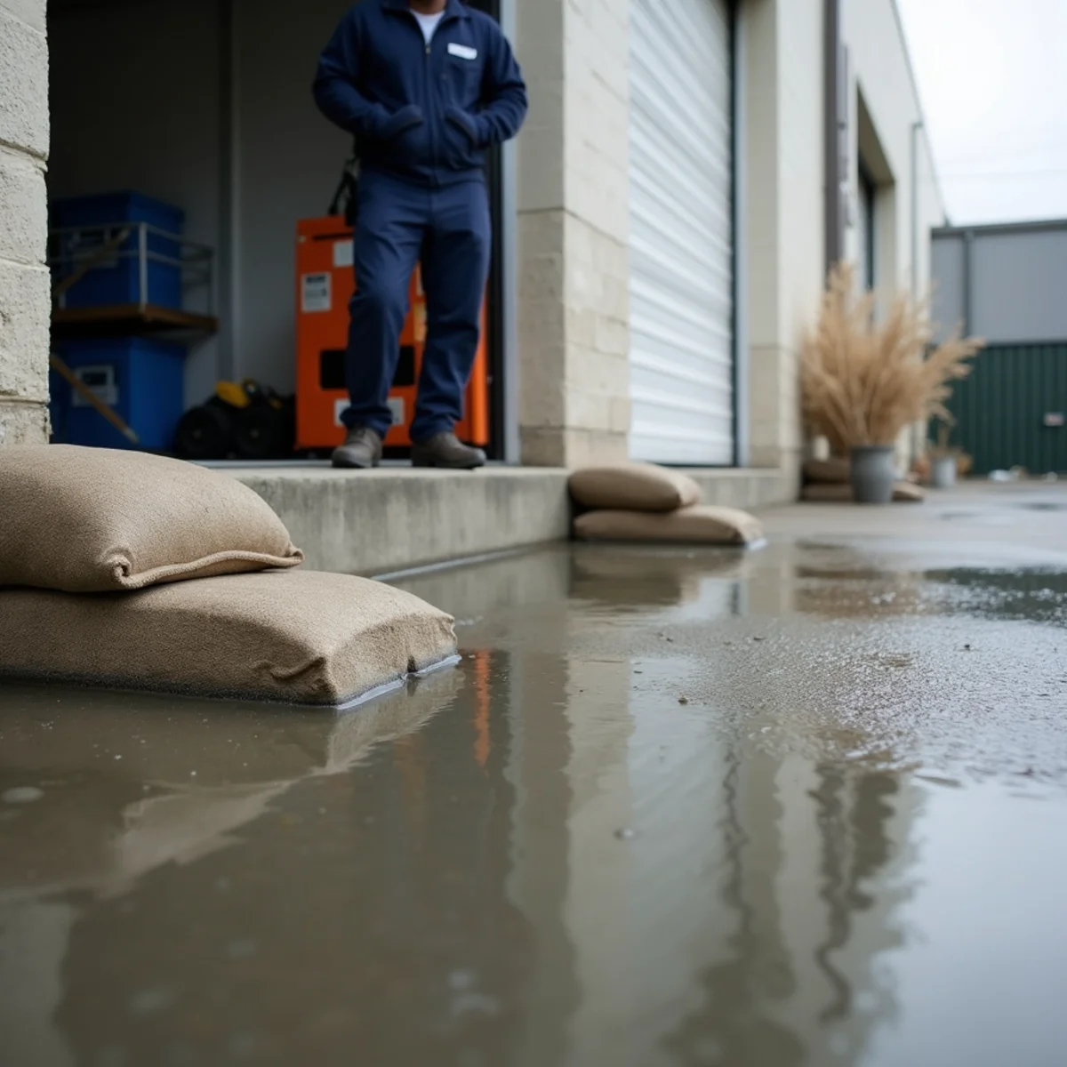 Storm water pooling at a warehouse loading dock threshold with a roll-up door partly raised