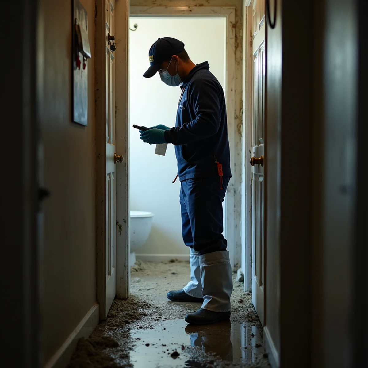 Technician in gloves and boot covers taking a sample reading from silt-laden floodwater inside a residential hallway
