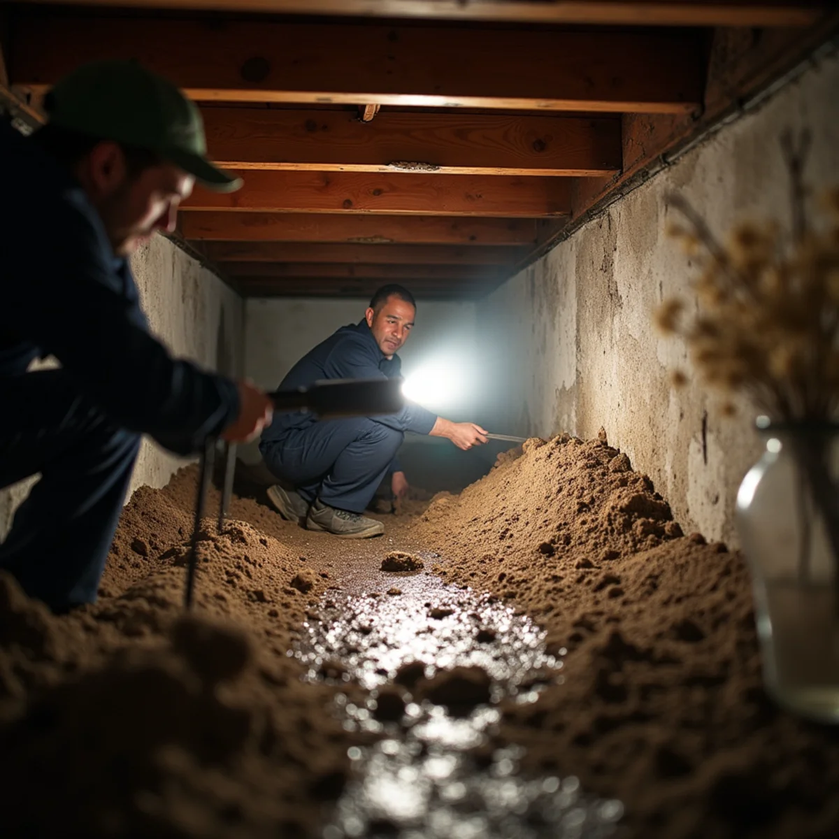 Torch beam into a crawl space access hatch showing wet soil and silt deposits beneath a 1940s home