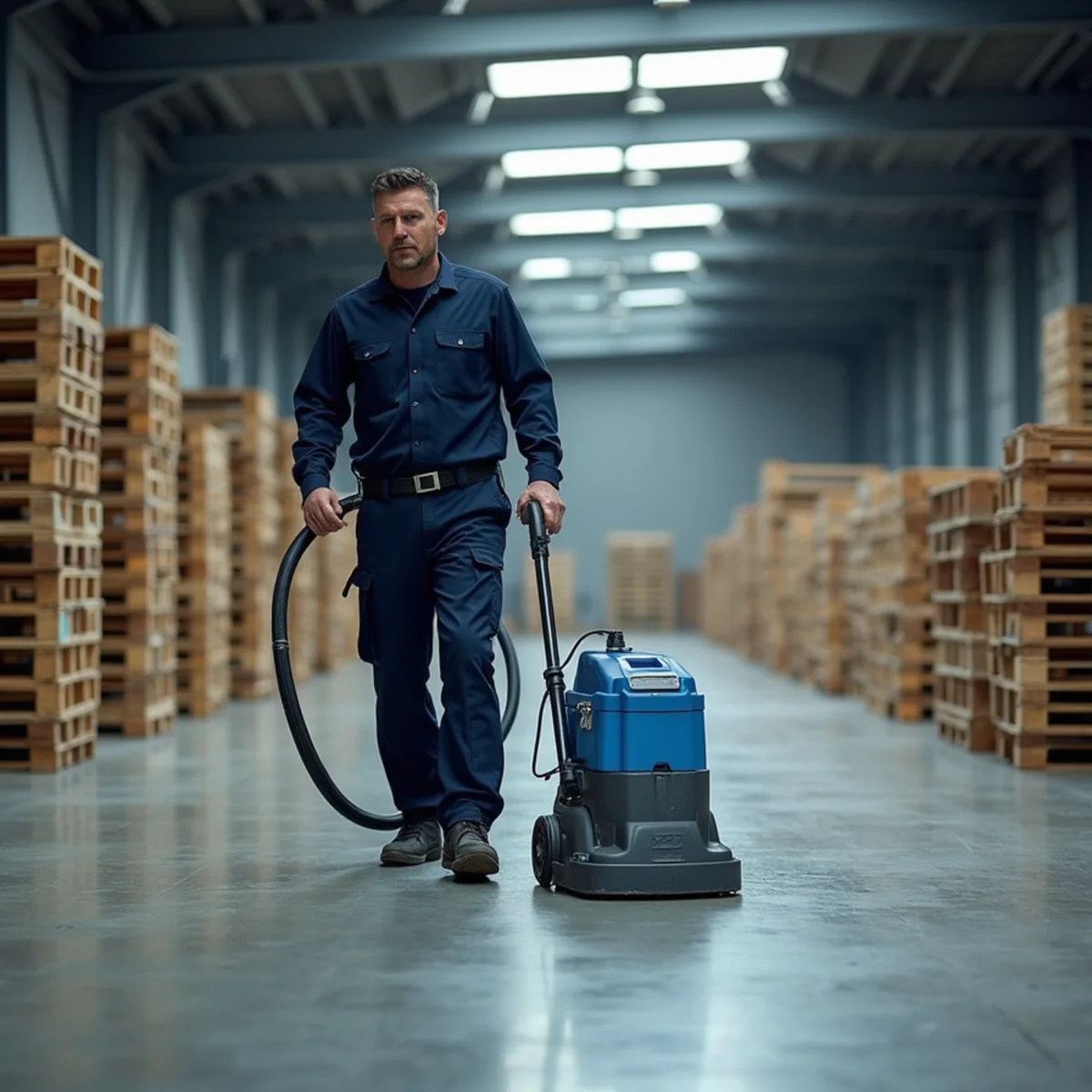 Technician running a weighted extraction head across a sealed warehouse floor beside stacked pallets