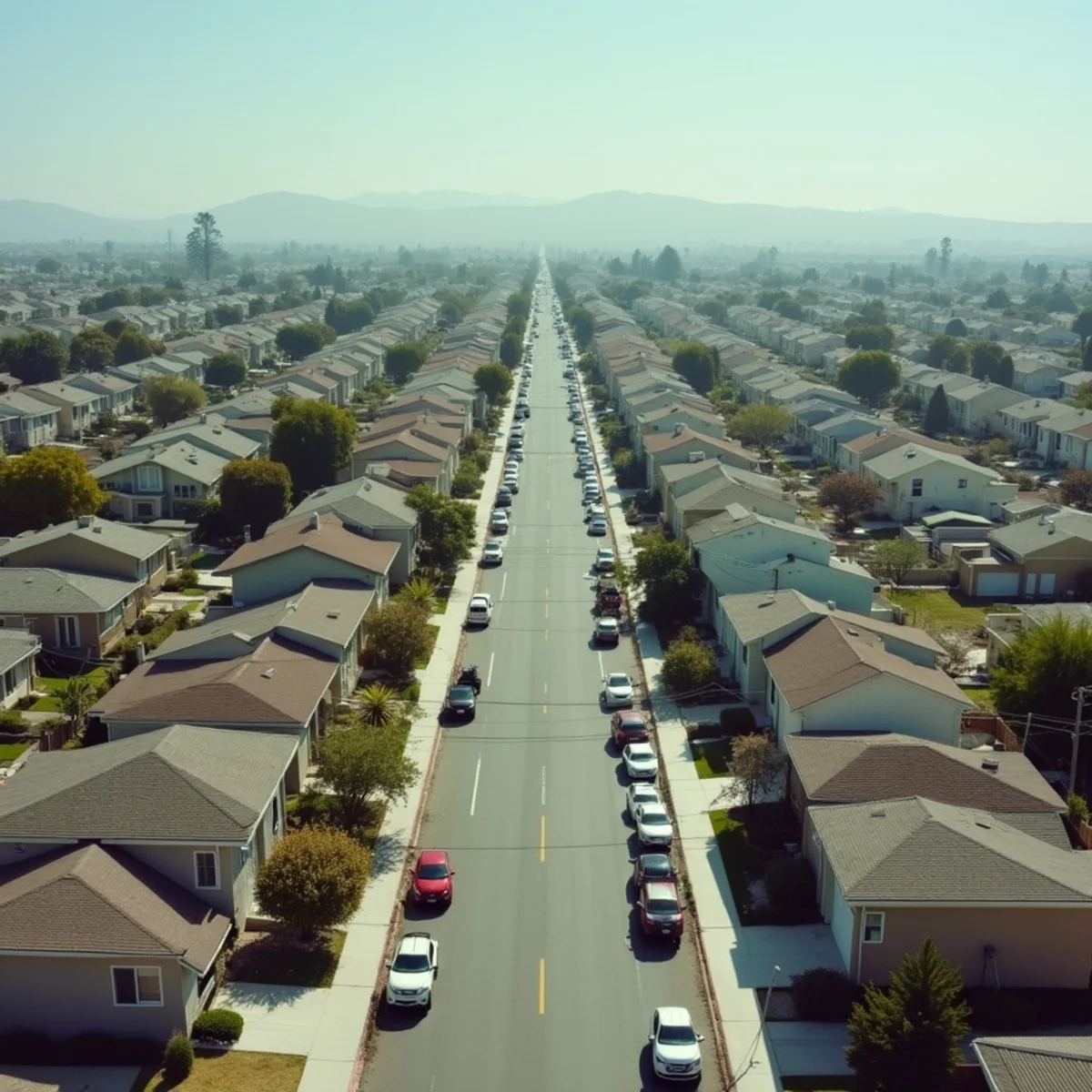 Dense 1950s tract housing on a straight residential grid in South Whittier, CA