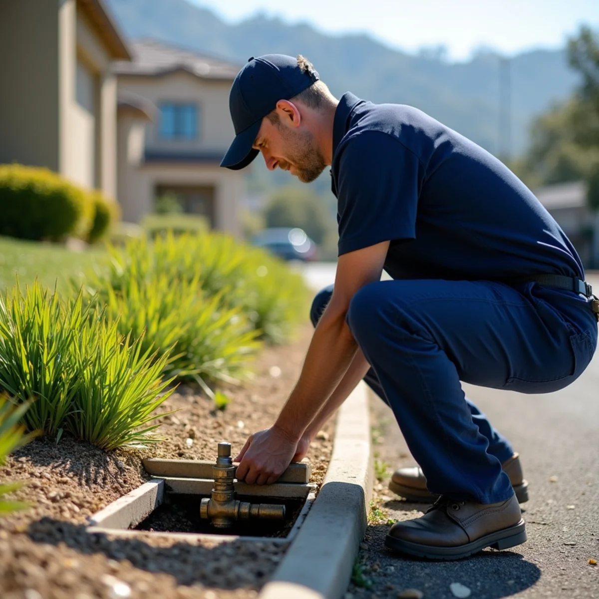 Technician closing a yard irrigation isolation valve in a valve box on a large hillside property