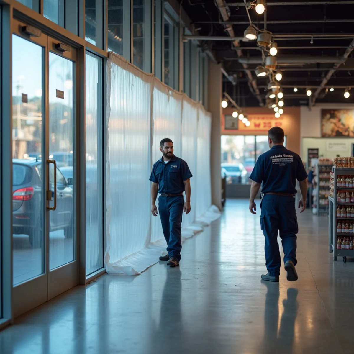 Containment sheeting sealing a damaged section of a retail unit while the rest of the shop floor stays open to customers