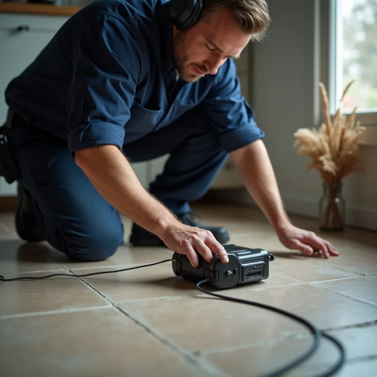Acoustic listening equipment pressed to a tile floor by a technician wearing headphones