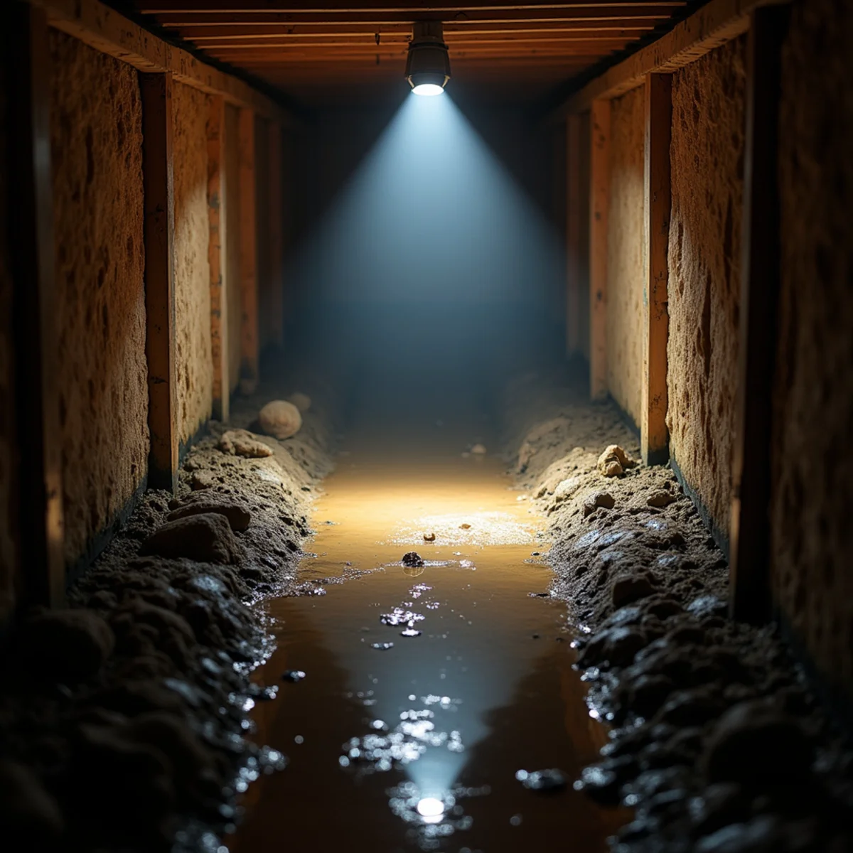 Torchlit view into a crawl space showing standing water and slumped fallen insulation between floor joists