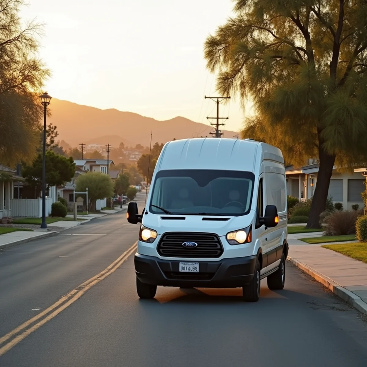 Water damage restoration service van on a residential street in the Whittier, CA foothills