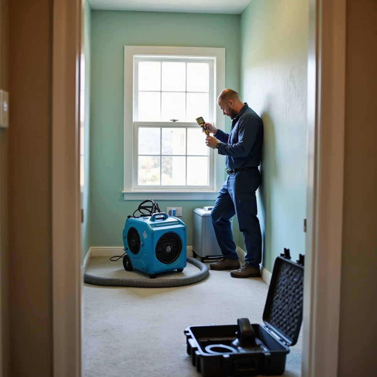 Water damage restoration equipment and crew working across two rooms of a Whittier, CA home