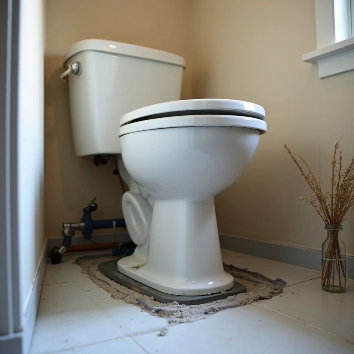 Toilet lifted and set aside with the closet flange and surrounding subfloor exposed for cleaning