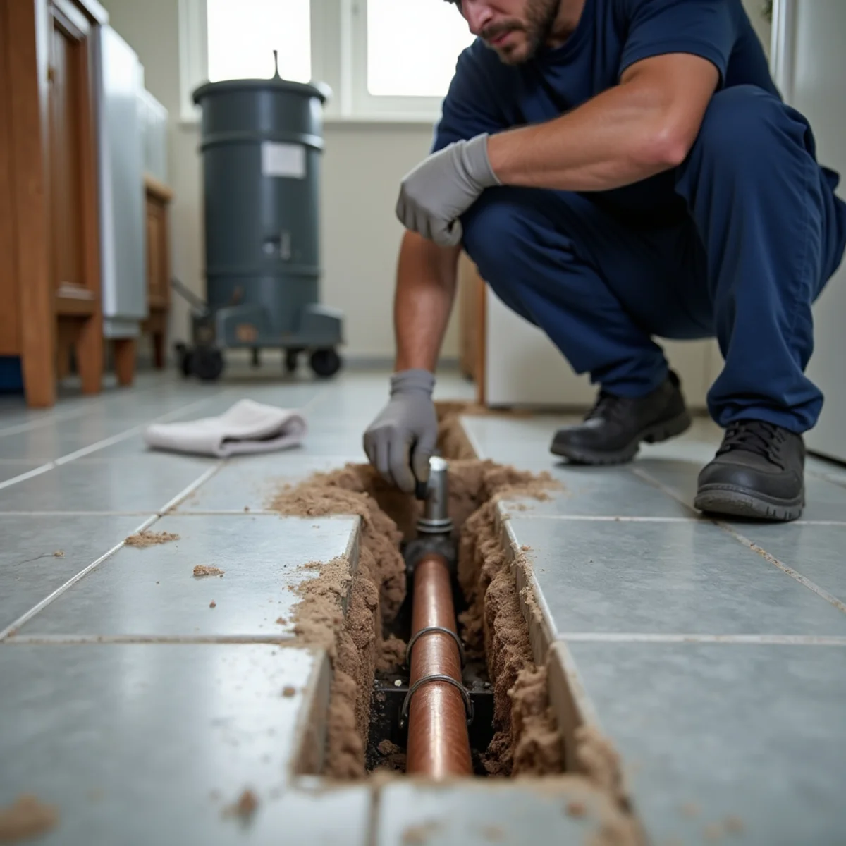 Concrete slab opened at a located slab leak in a 1960s Whittier, CA tract home