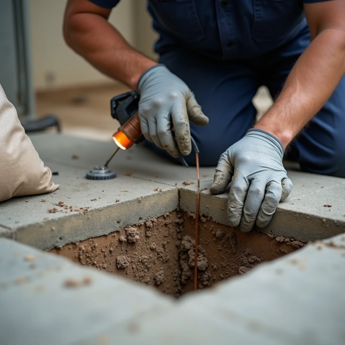 Small square section of slab opened at a precisely located leak point with the repaired copper line visible below