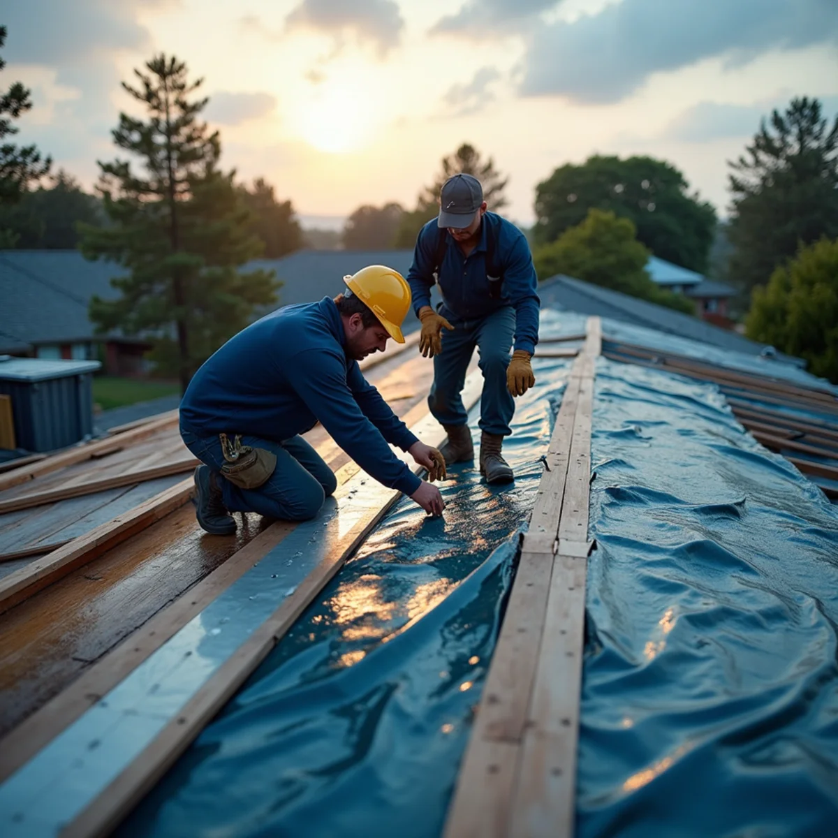 Crew fastening an emergency tarp over storm damaged roofing on a Whittier, CA home