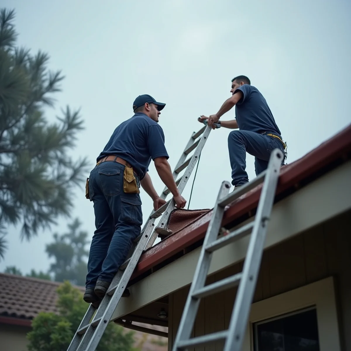Technicians fastening a tarp with battens over damaged roof decking during a break in the weather