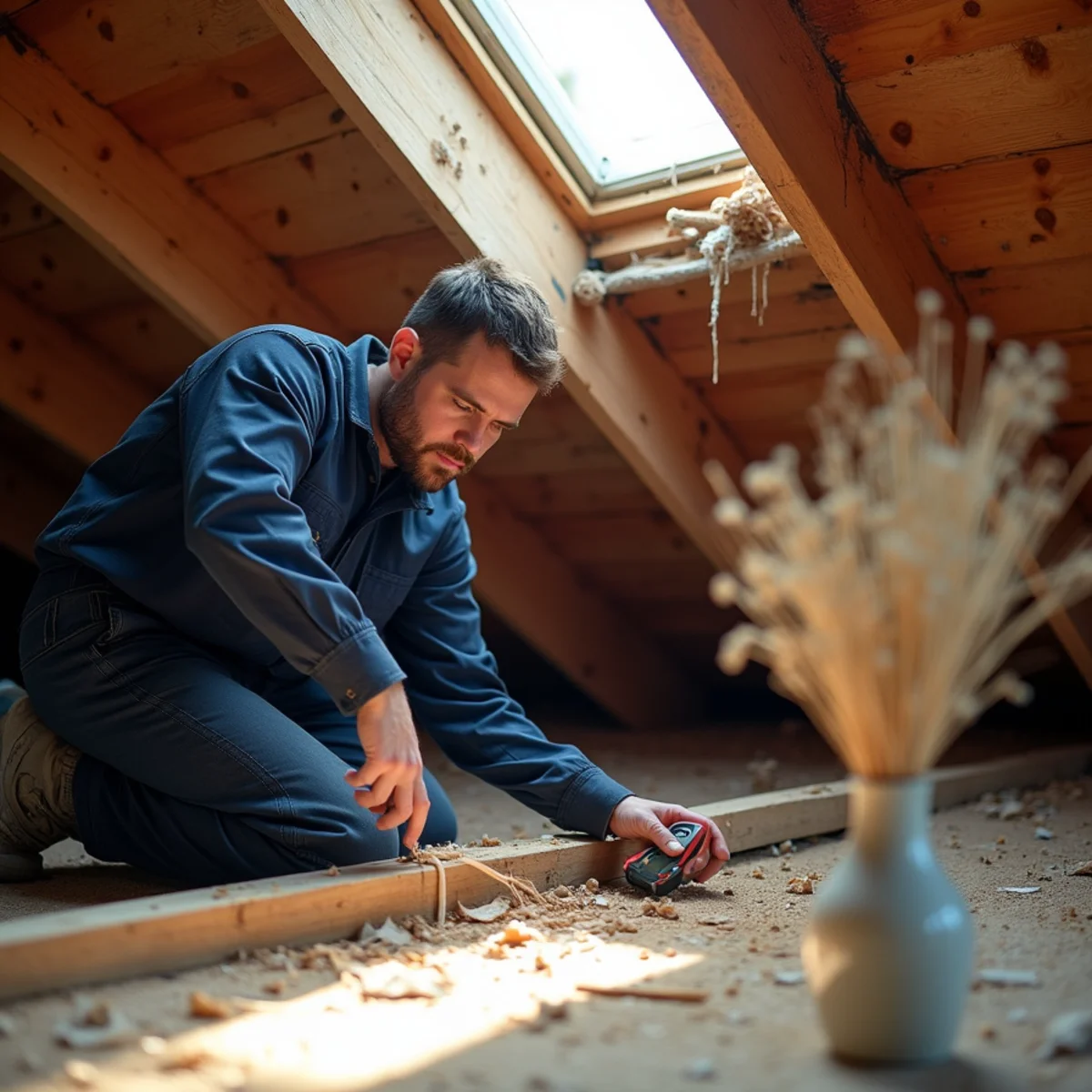Technician inspecting exposed roof decking from inside the attic after storm debris was cleared