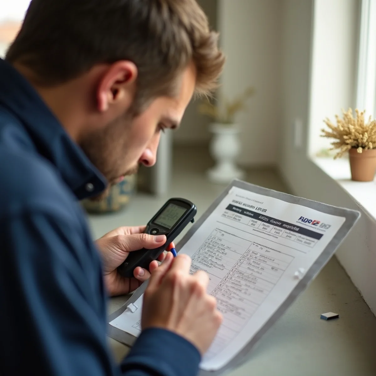 Technician recording a penetrating moisture reading onto a dated log sheet at a marked point on a wall