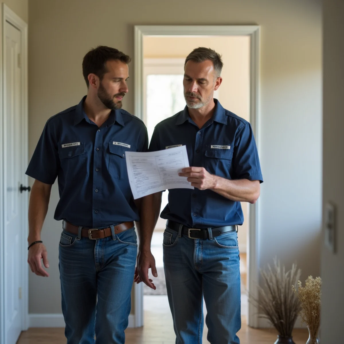 Restoration technician and an insurance adjuster walking a damaged room together