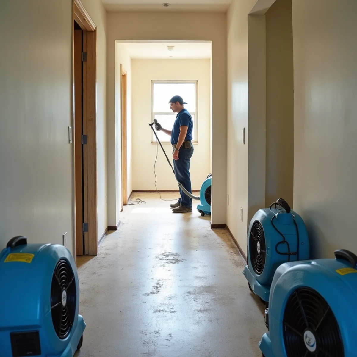 Water damage restoration in progress with drying equipment running in a Whittier, CA home