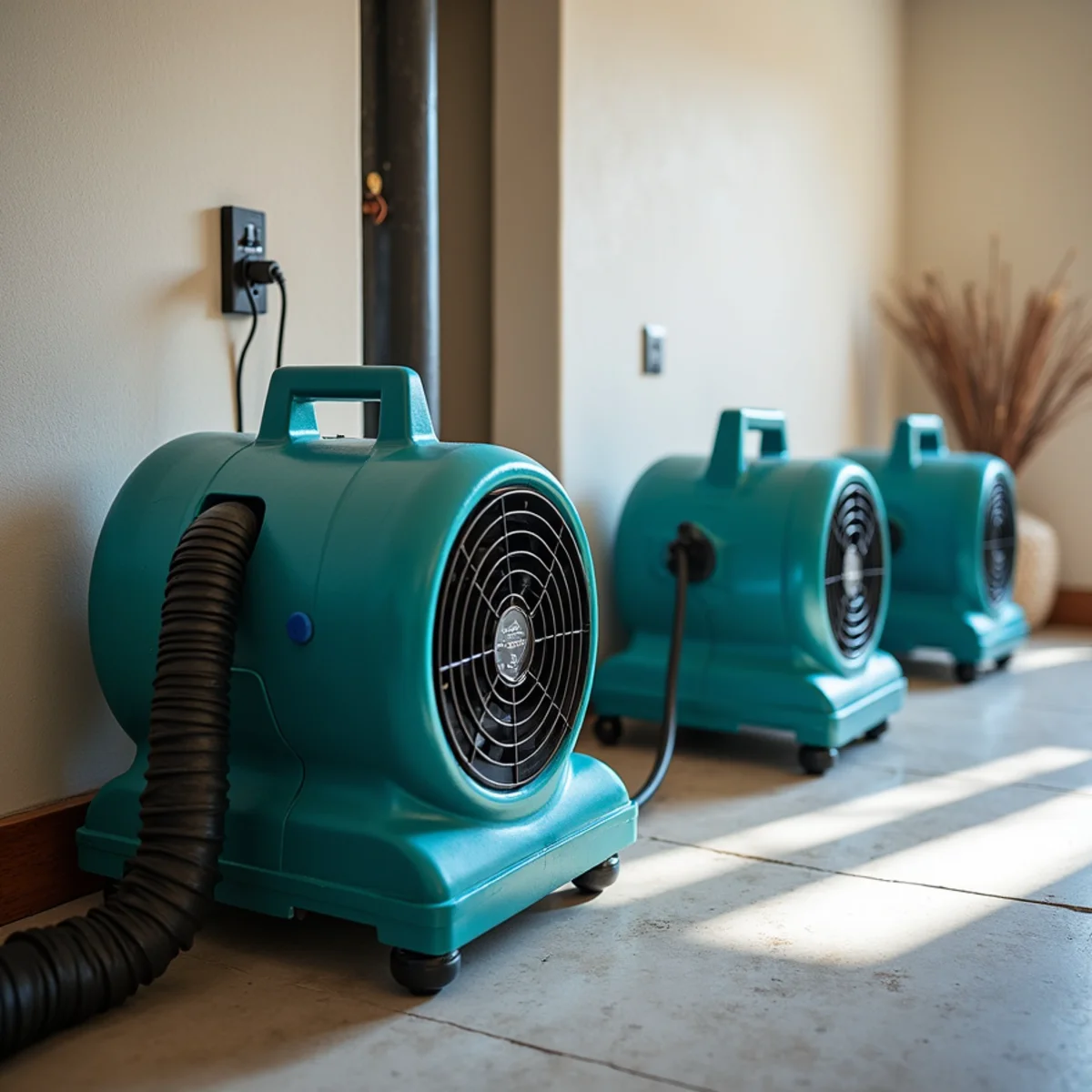 Commercial air movers and dehumidifier drying a water damaged room in Whittier, CA