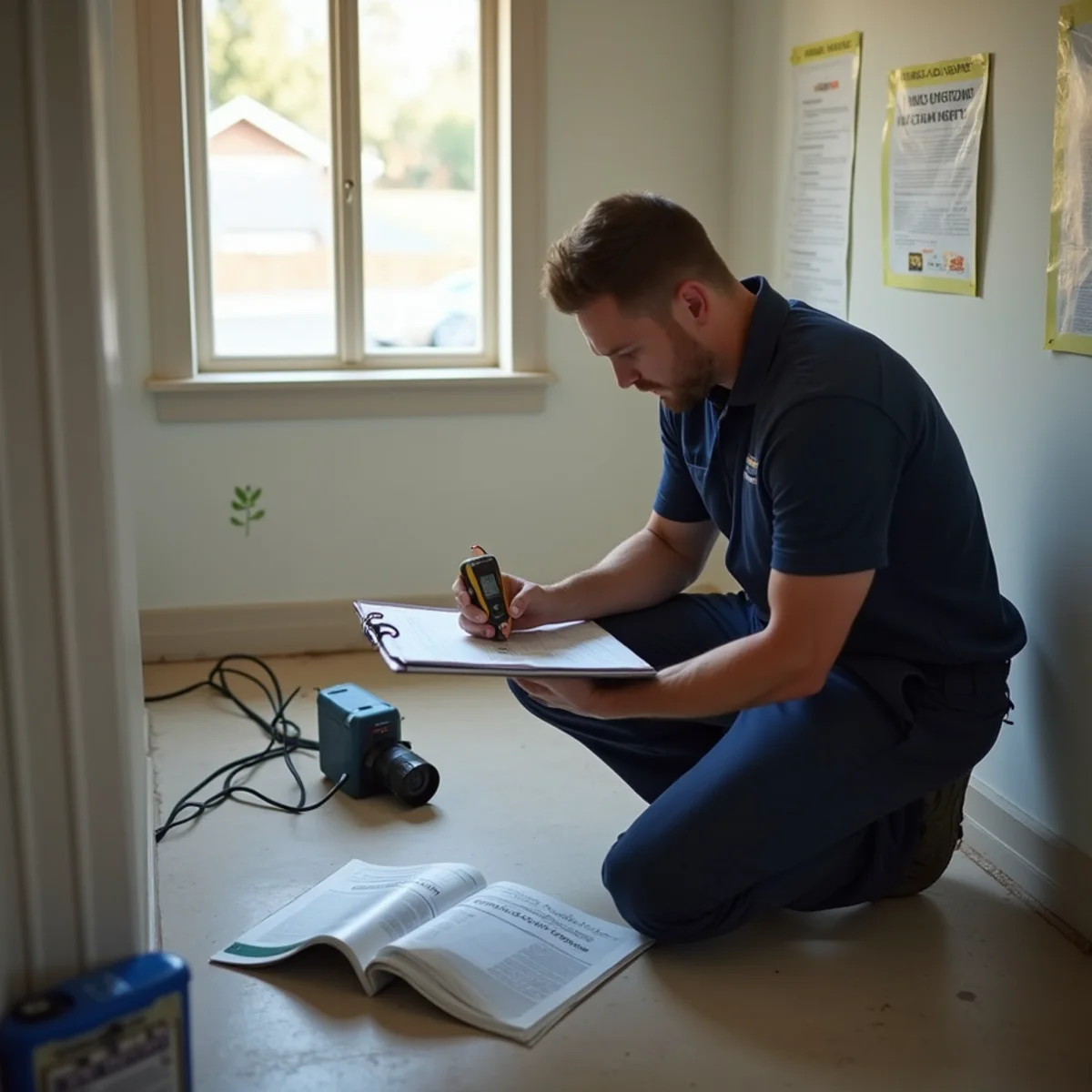 Technician logging daily moisture readings for a water damage insurance claim in Whittier, CA