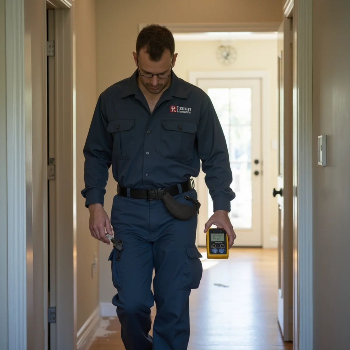 Technician walking the perimeter of a water damaged living room with a non-invasive moisture meter