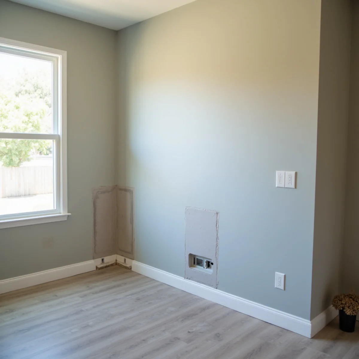 Restored room with freshly painted wall and new baseboard installed where drywall was cut out