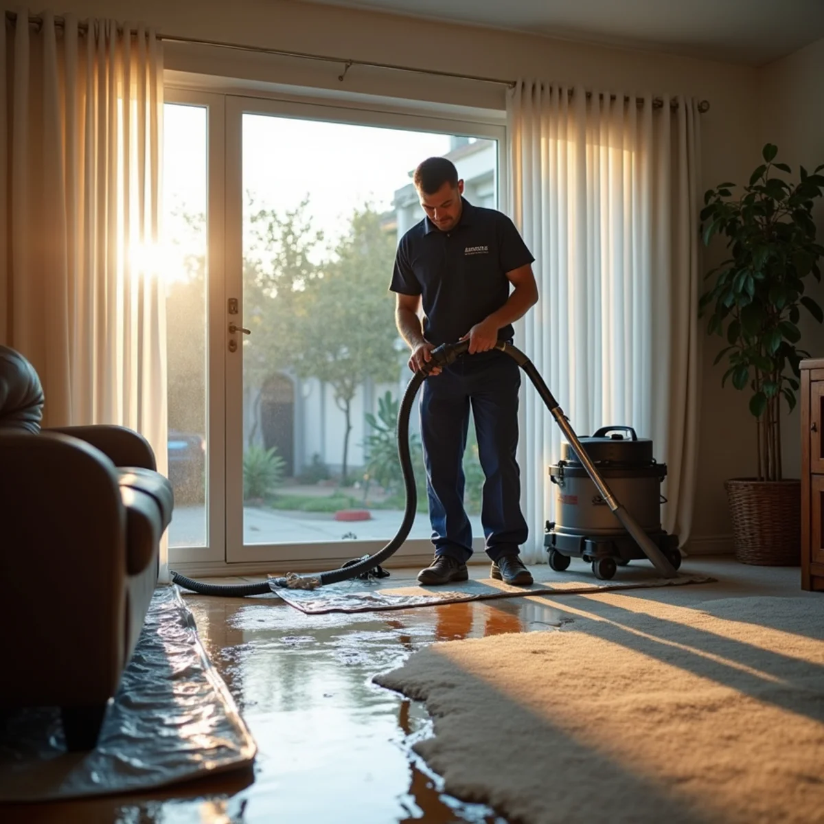Water damage restoration technician extracting standing water from a Whittier, CA living room
