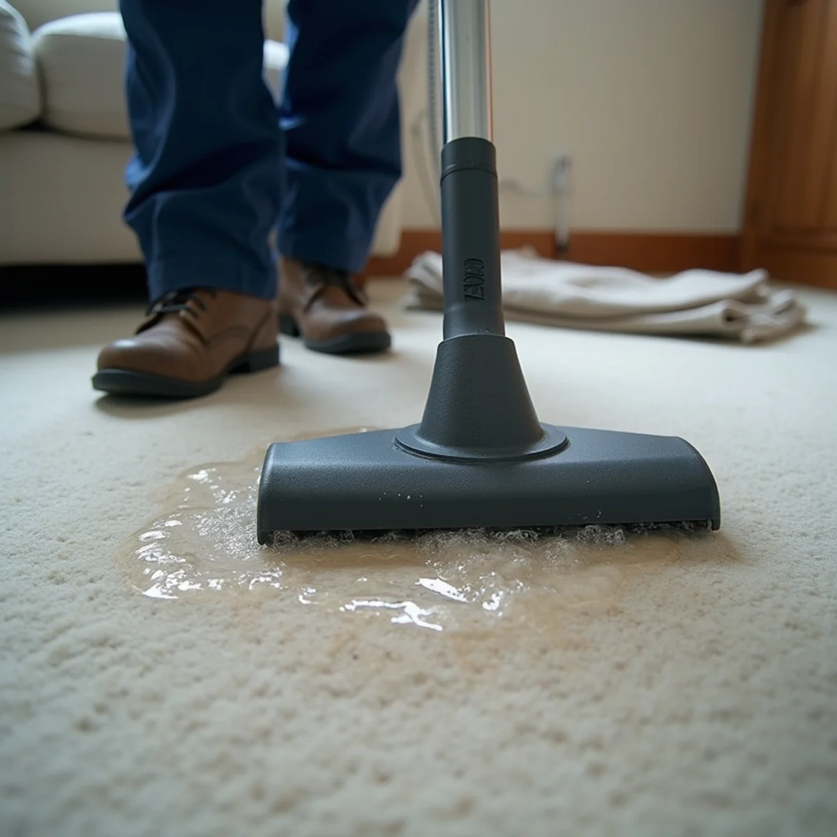 Technician using a weighted extraction tool to pull water from carpet padding in Whittier, CA