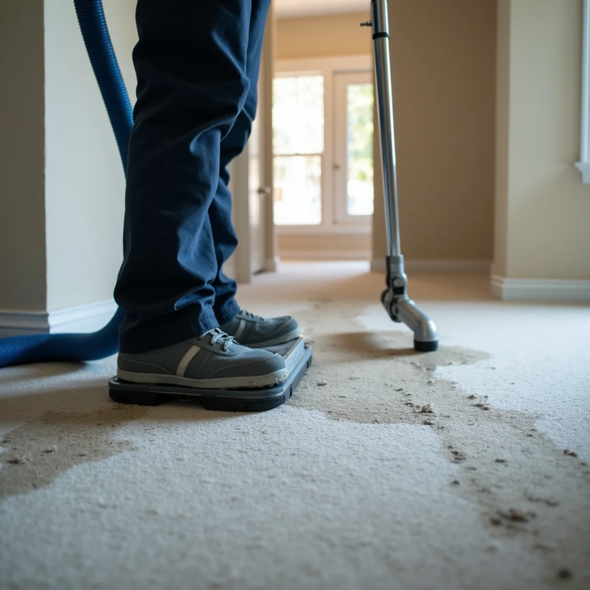 Technician standing on a weighted extraction head working slow overlapping passes across soaked carpet