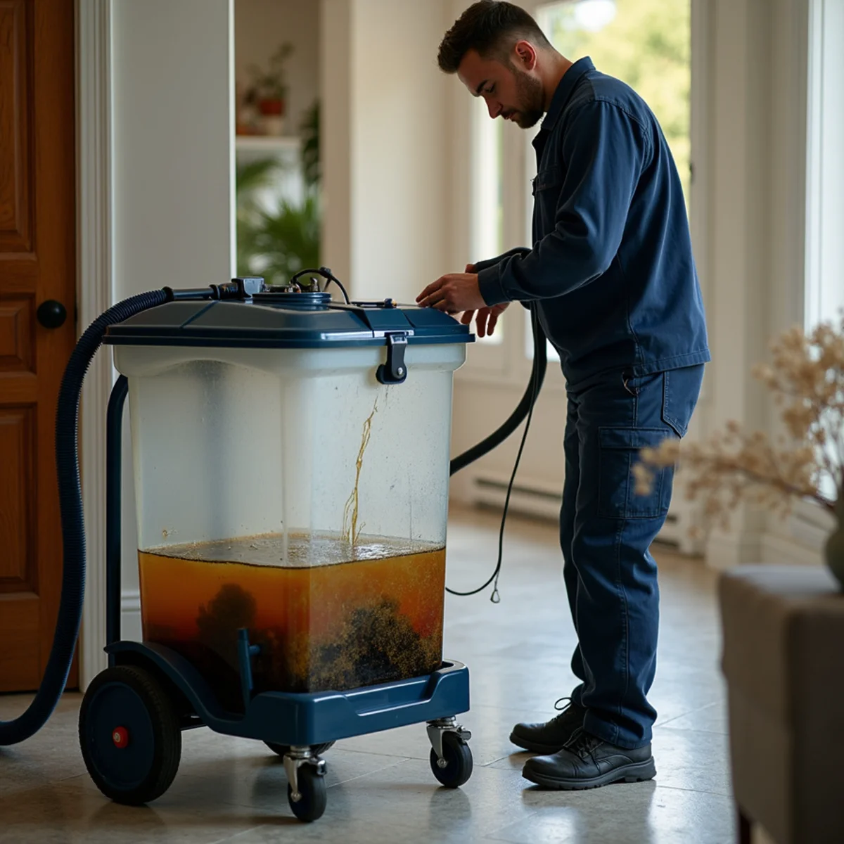 Clear recovery tank on a portable extractor filling with dirty water