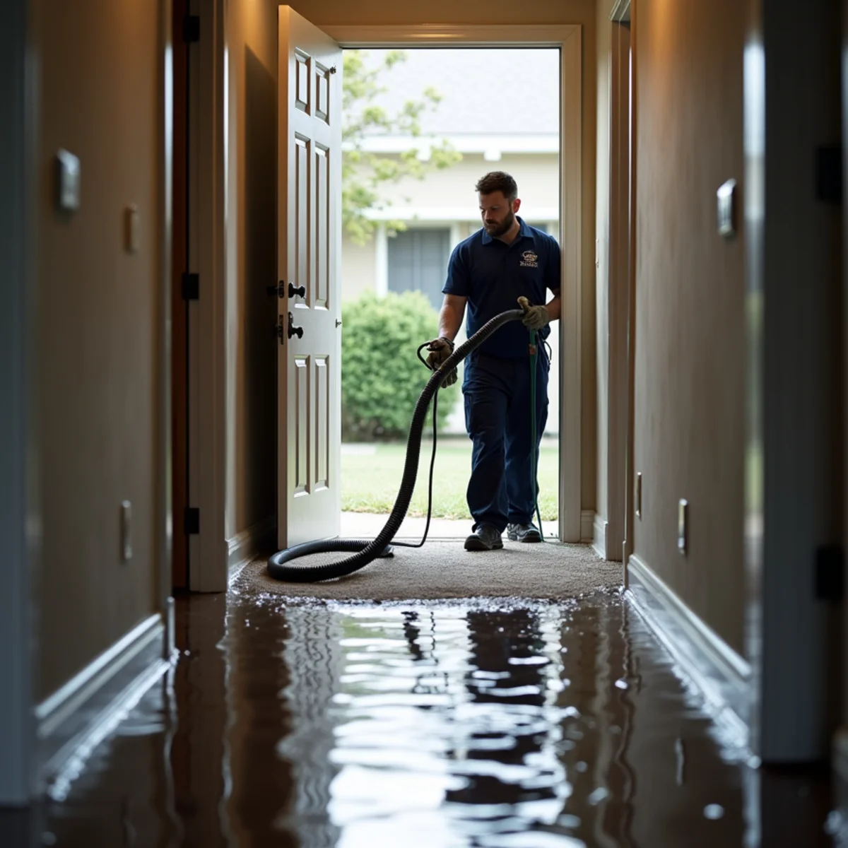 Truck-mounted water extraction removing standing water from a flooded Whittier, CA home