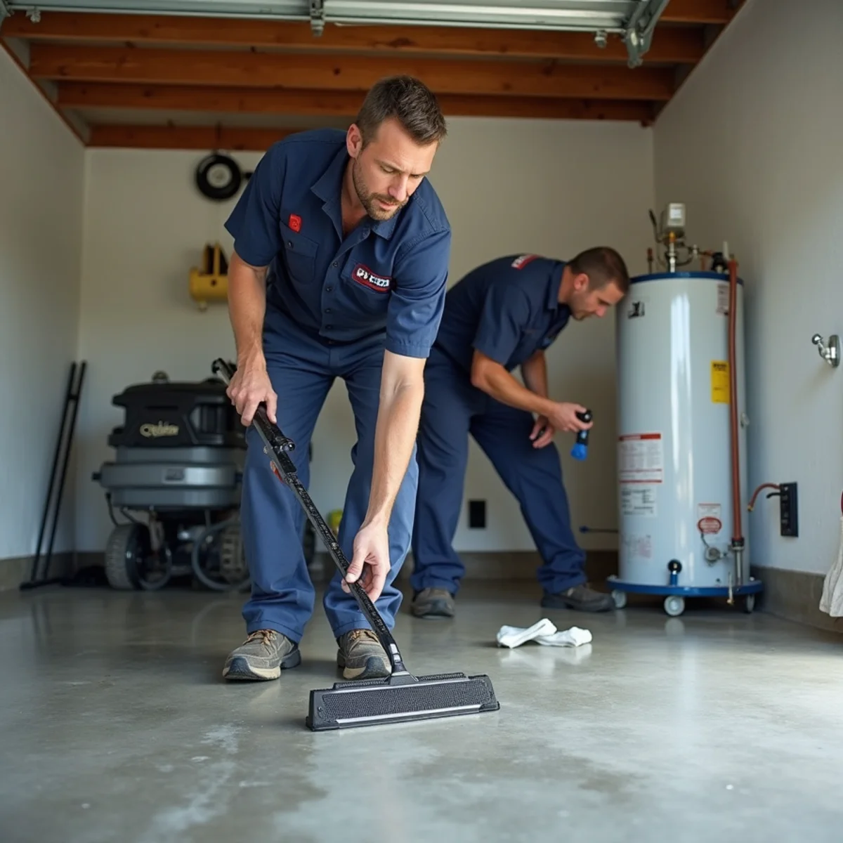 Technician extracting water from a garage floor after a water heater failure in Whittier, CA
