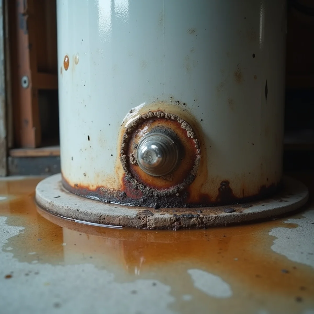 Failed water heater with corrosion and mineral crust at the bottom seam